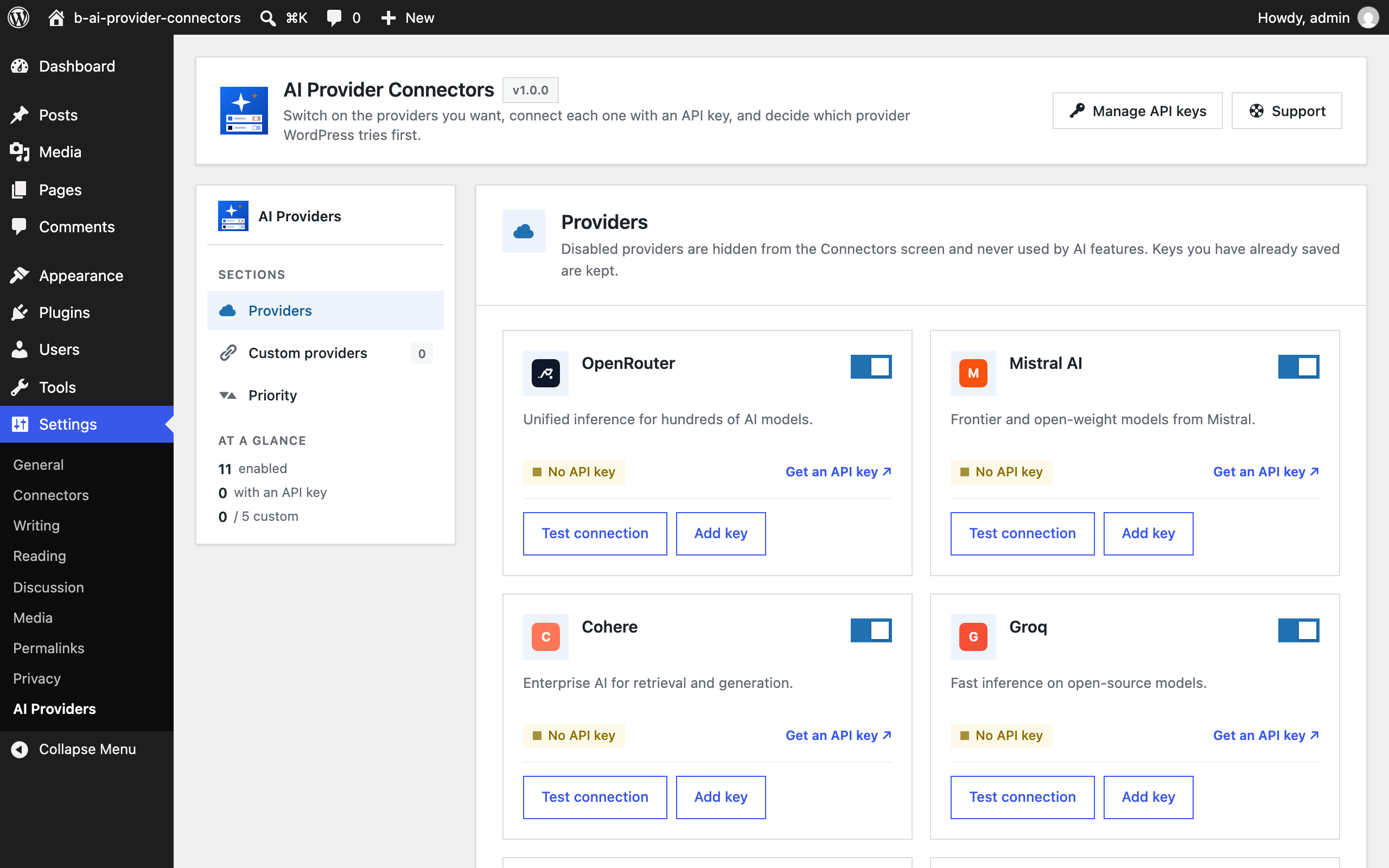 Settings → AI Providers: switch the 11 bundled providers on or off, add an API key, and test the connection from one screen.