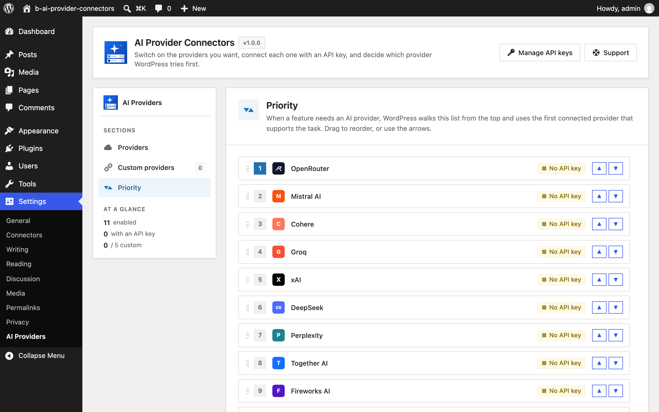 Priority: drag providers into the order the WordPress AI Client should try them.