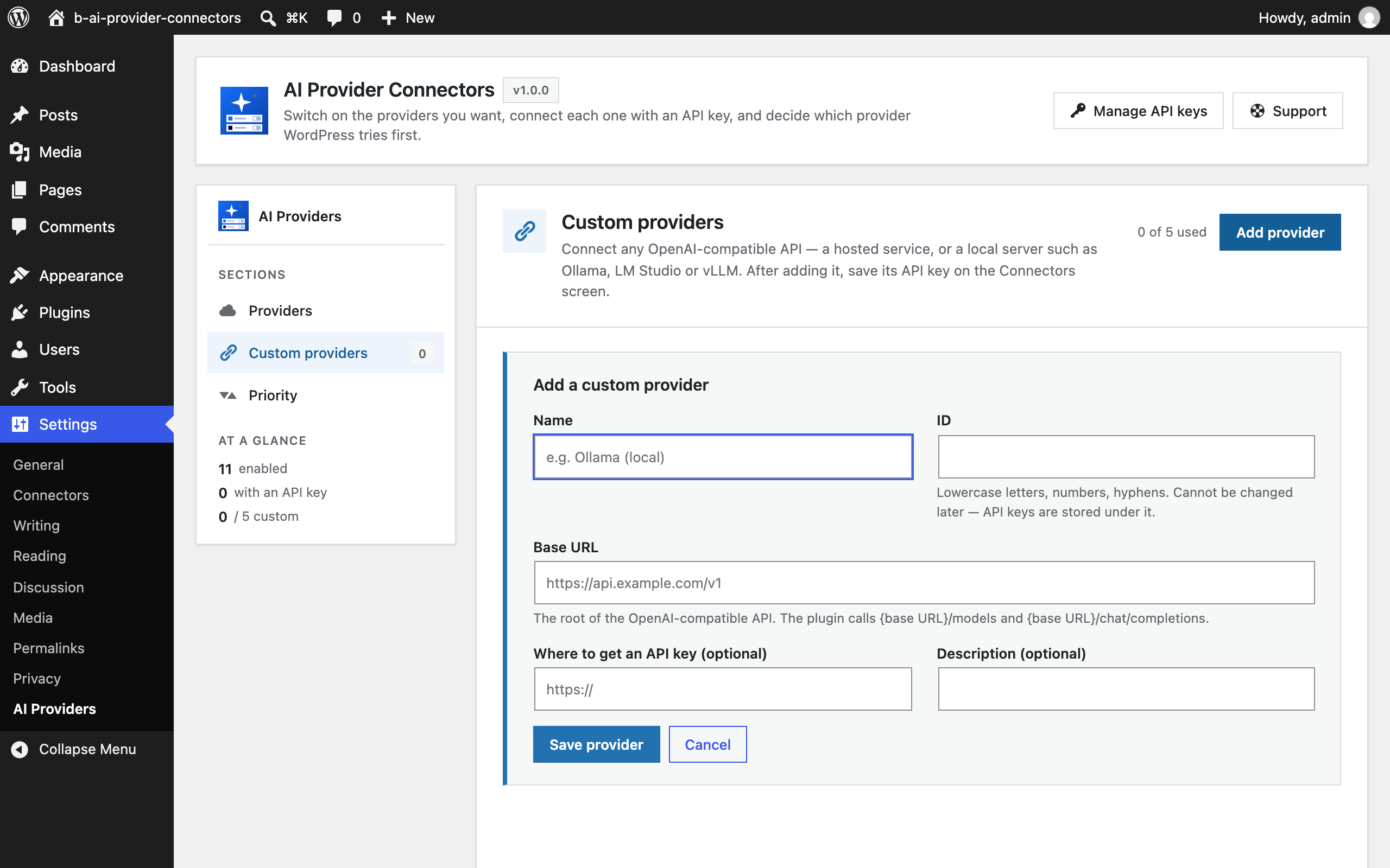 Custom providers: connect any OpenAI-compatible endpoint, including a local Ollama, LM Studio or vLLM server.