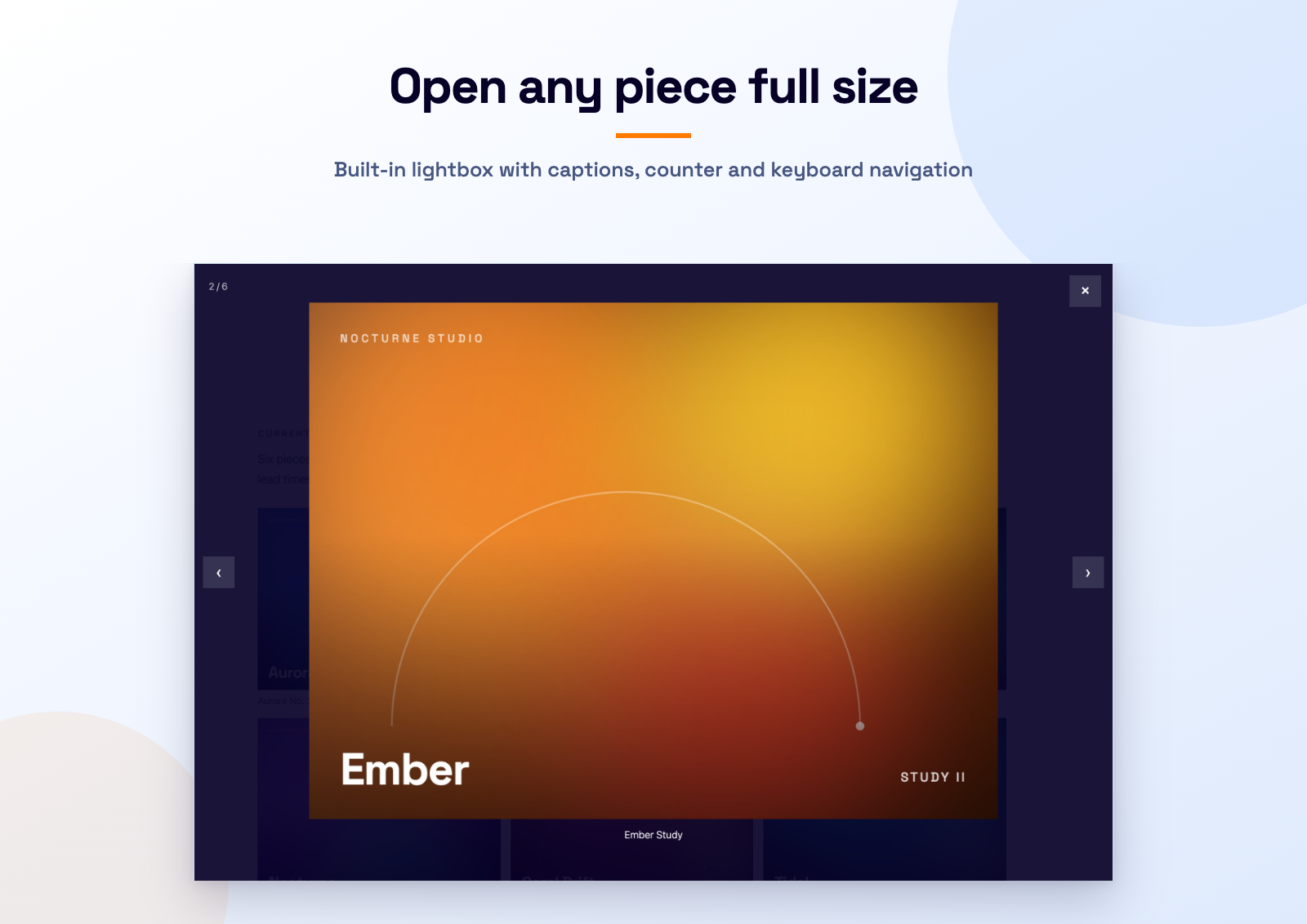 Open any piece full size in the built-in lightbox, with captions, an image counter, arrow-key navigation and Escape to close. No extra plugin required.