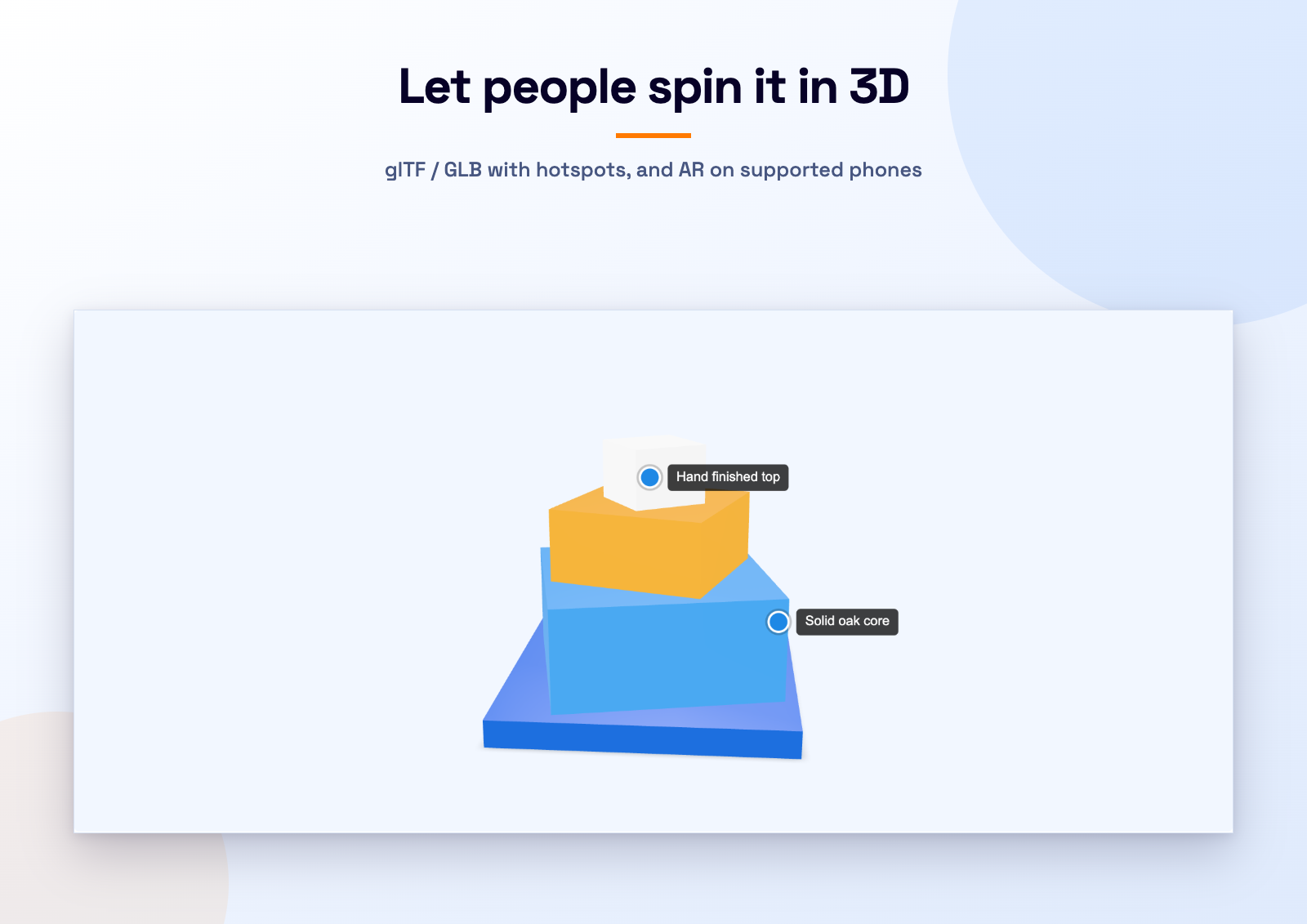 Let people spin it in 3D: an interactive glTF/GLB model with orbit, zoom, auto-rotate, labelled hotspots and a "View in your room" AR button on supported phones.