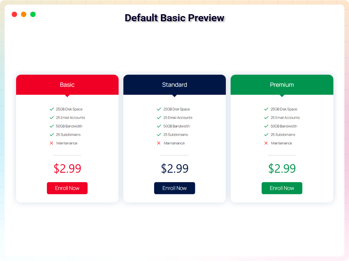 Pricing Table Block - Basic