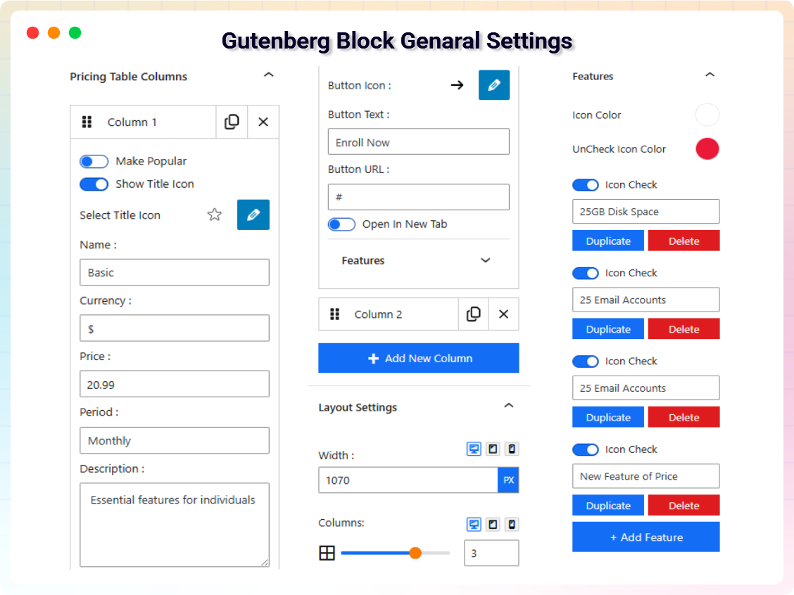 Pricing Table Block - General Settings