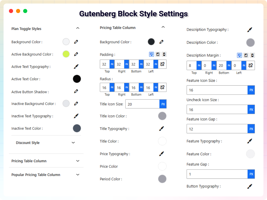 Pricing Table Block - Style Settings