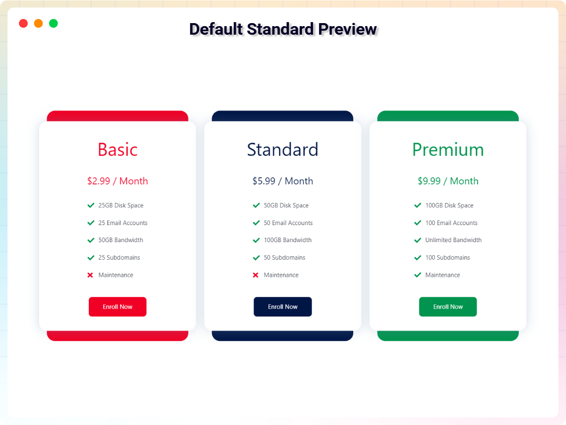 Pricing Table Block - Standard