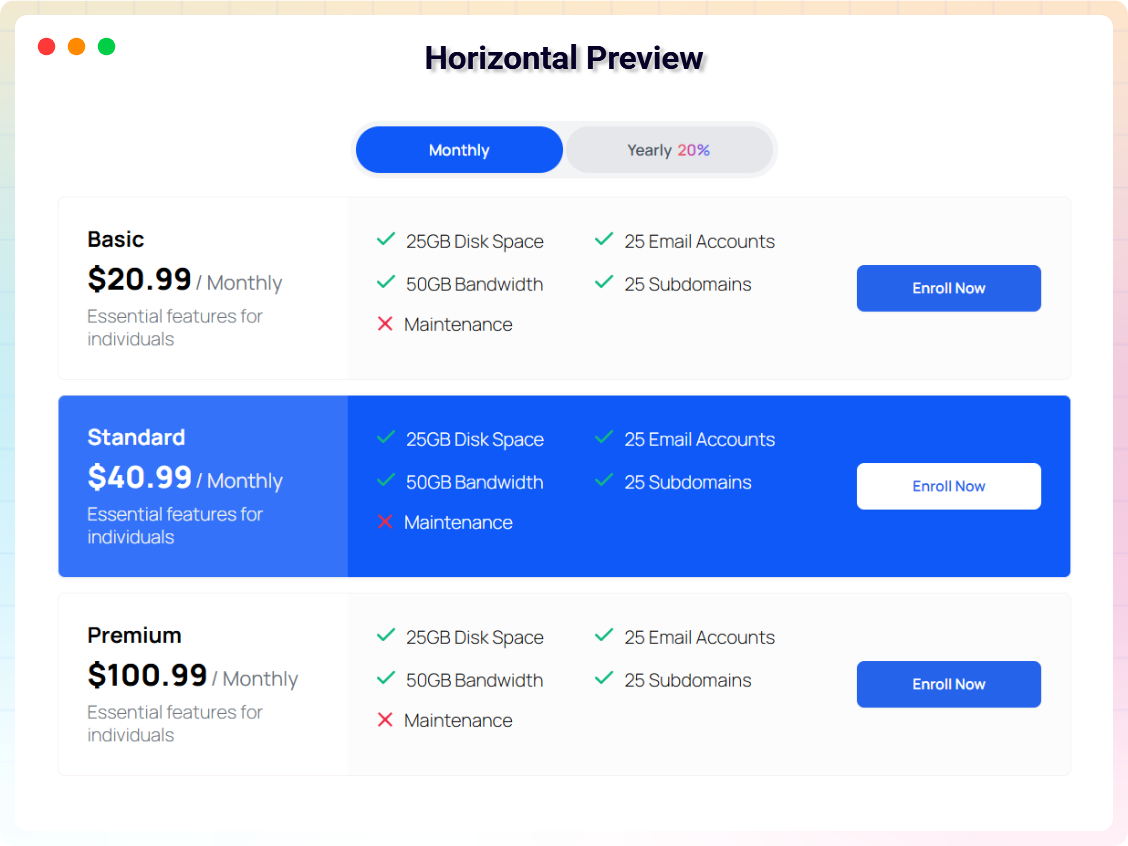 Pricing Table Block - Horizontal