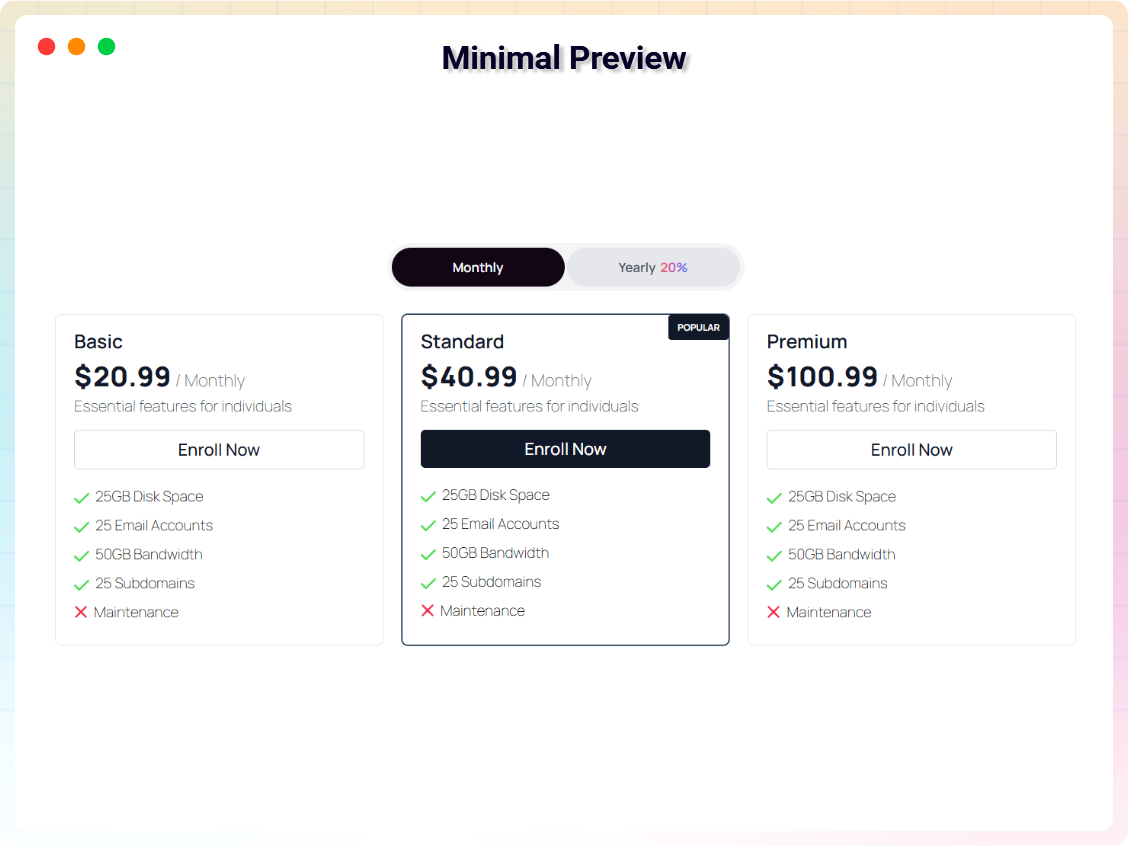 Pricing Table Block - Minimal