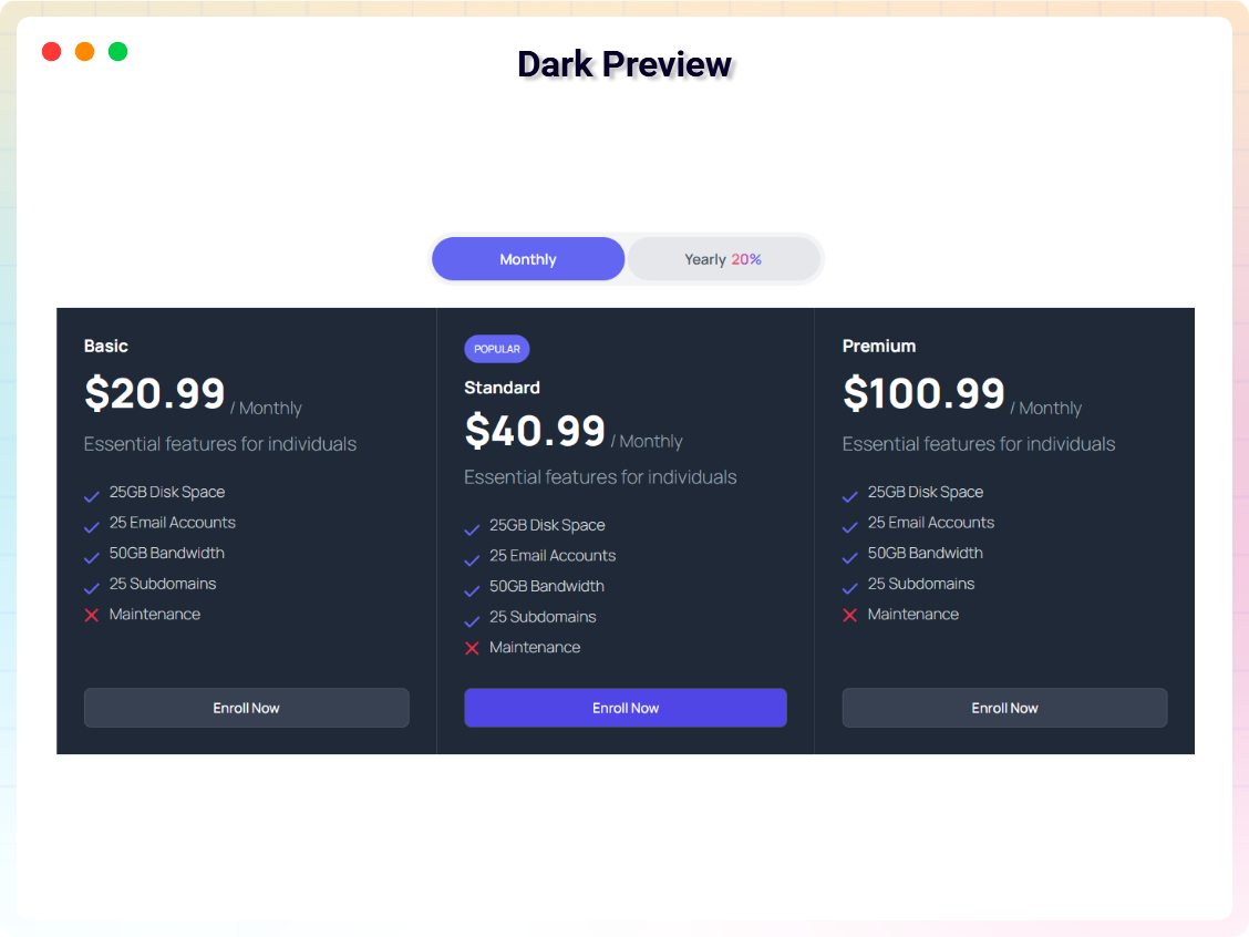 Pricing Table Block - Dark