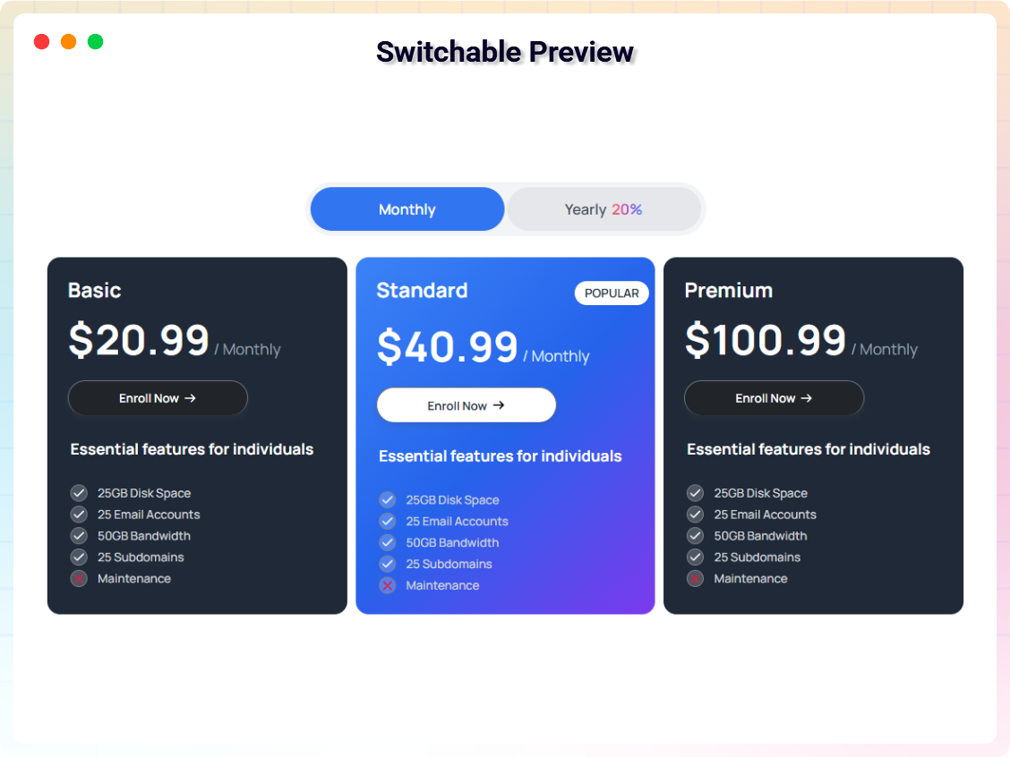 Pricing Table Block - Switchable