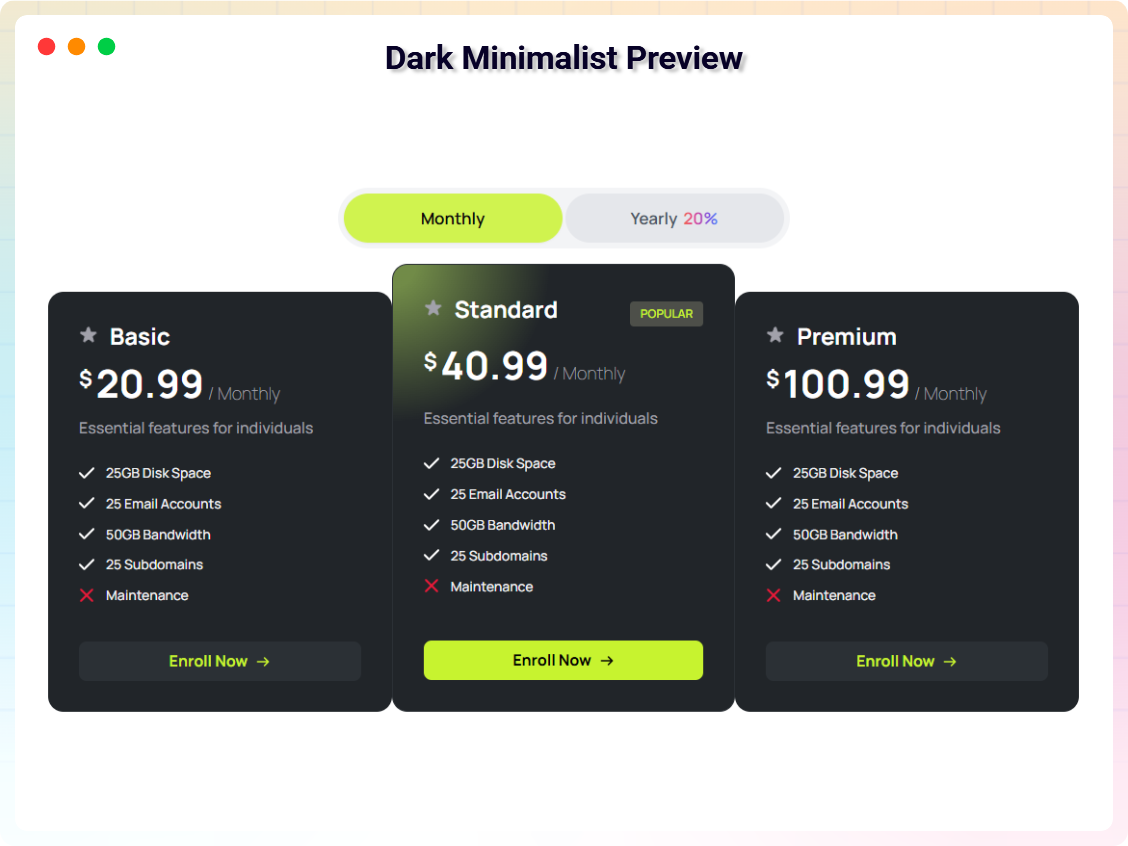 Pricing Table Block - Dark Minimalist