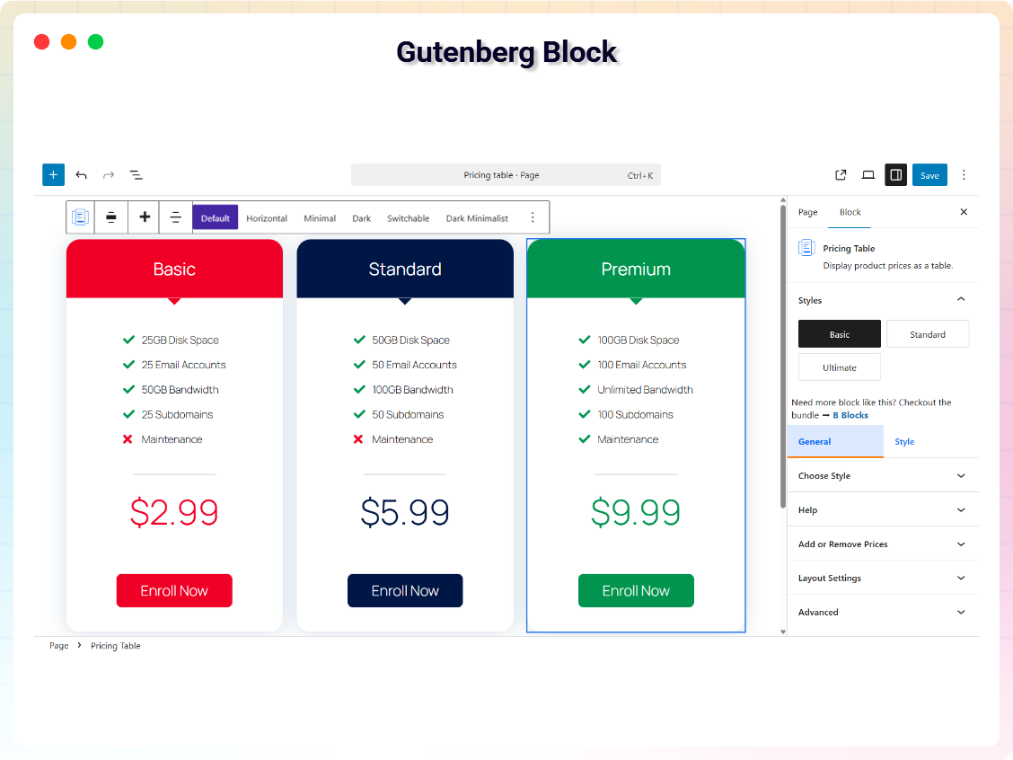 Pricing Table Block - Gutenberg Block