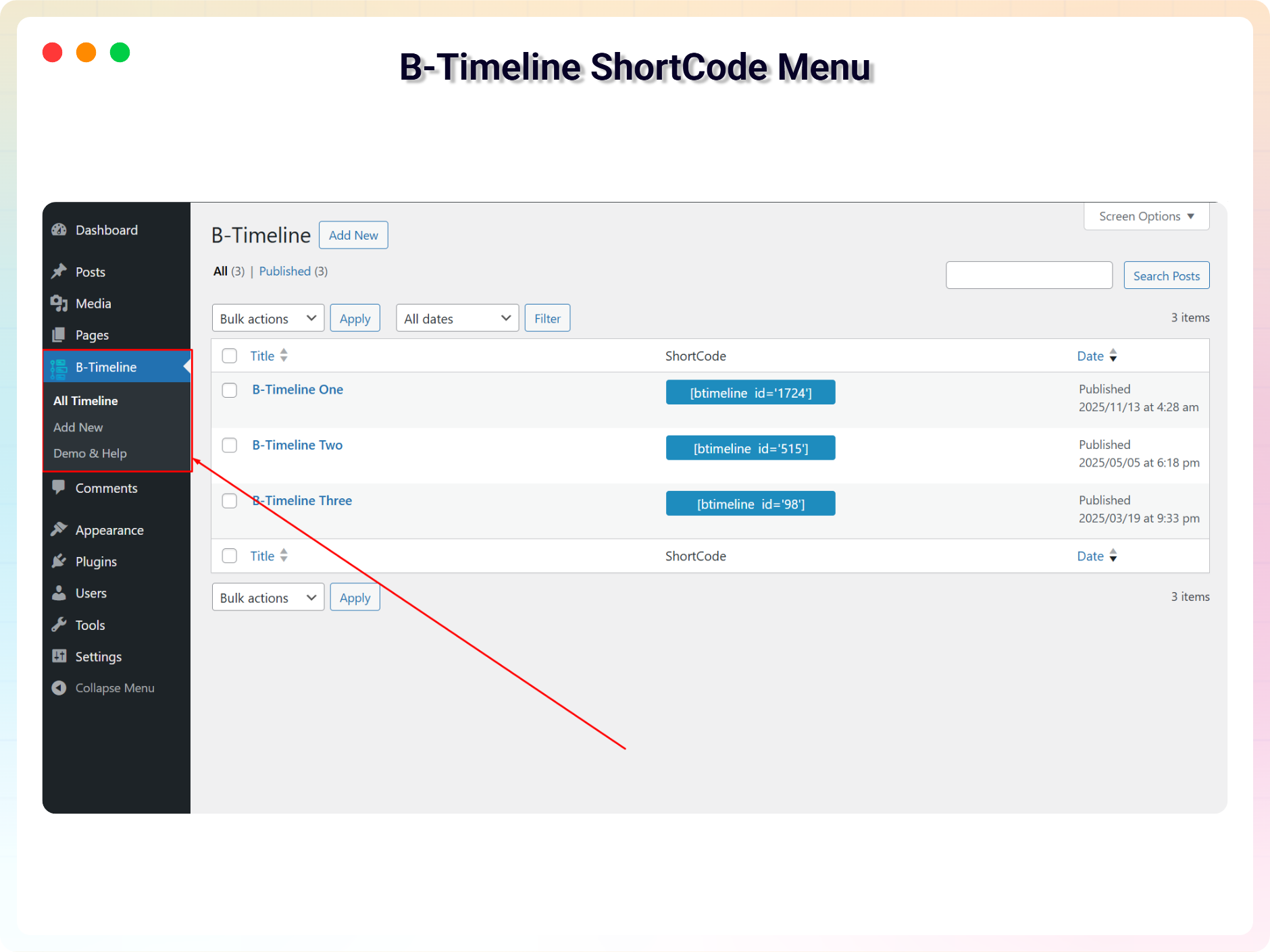 B-Timeline ShortCode Menu