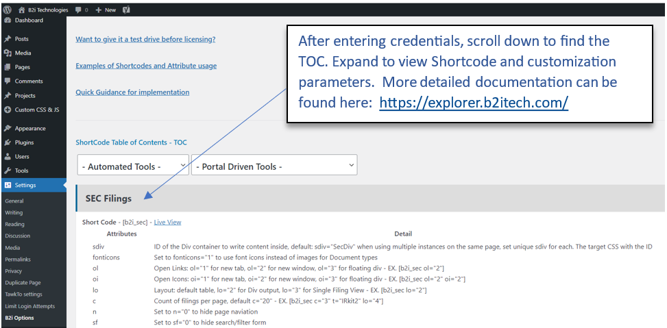 While on the Settings / B2i Options page, Scroll down and expand one of the modules and copy the ShortCode