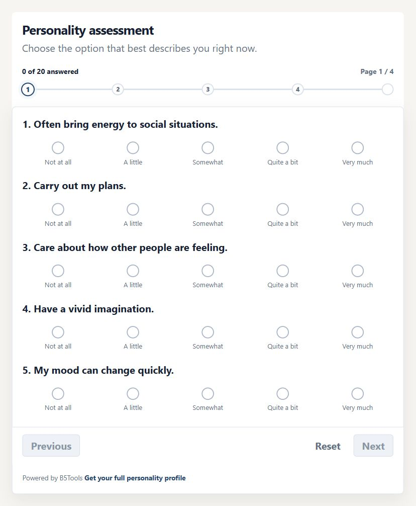 English personality assessment with 20 questions and step-by-step navigation.