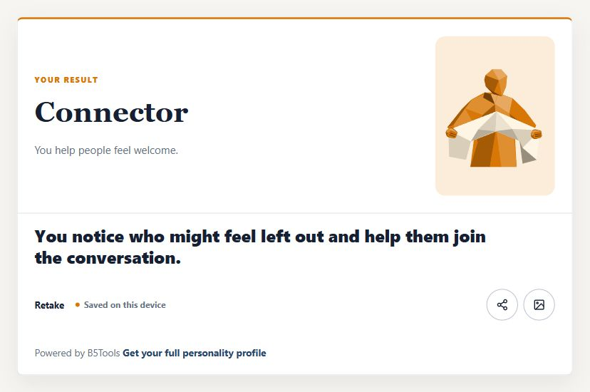An illustrated personality result. Optional sharing and visitor credits are enabled in this example.