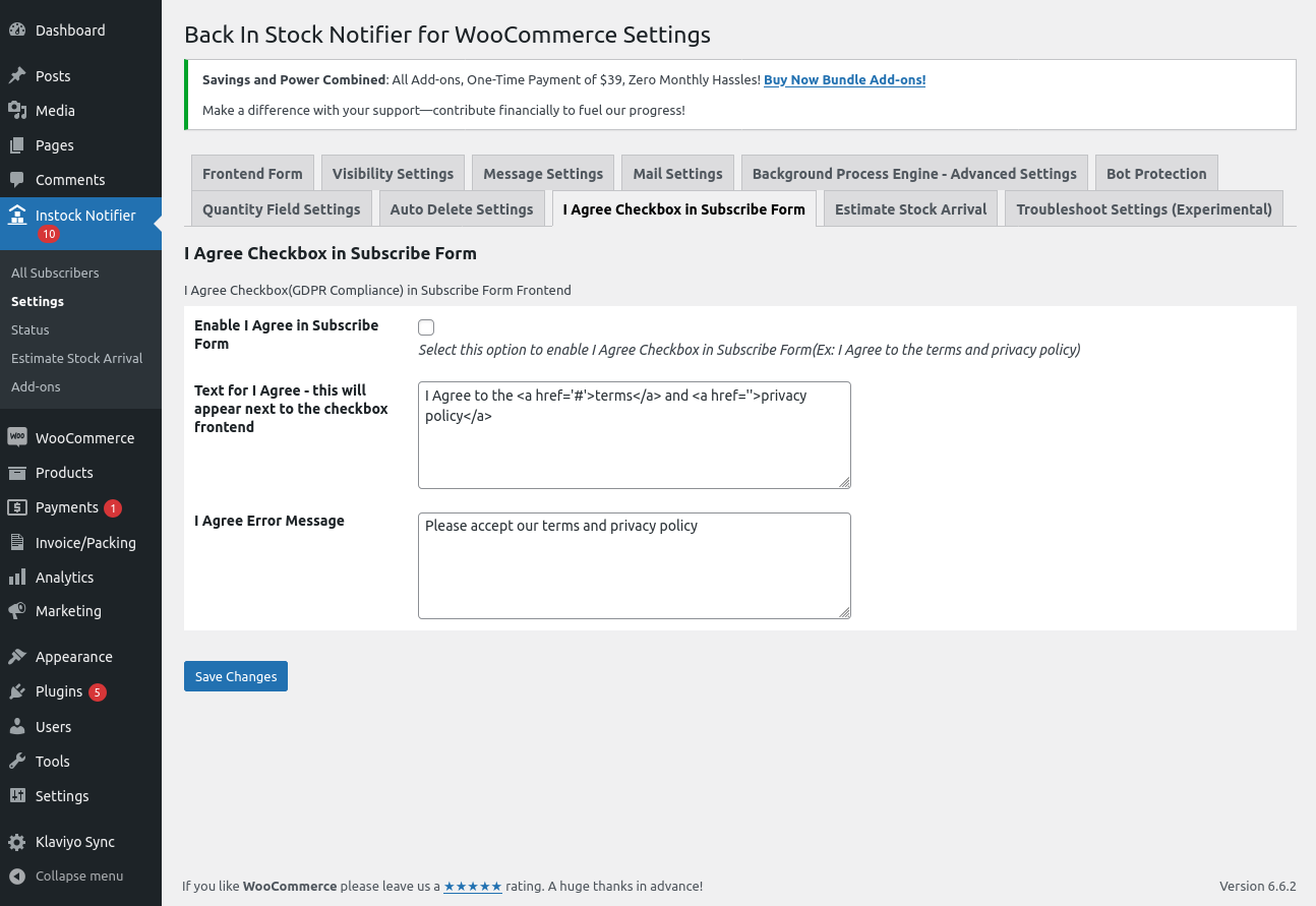 I Agree checkbox Settings