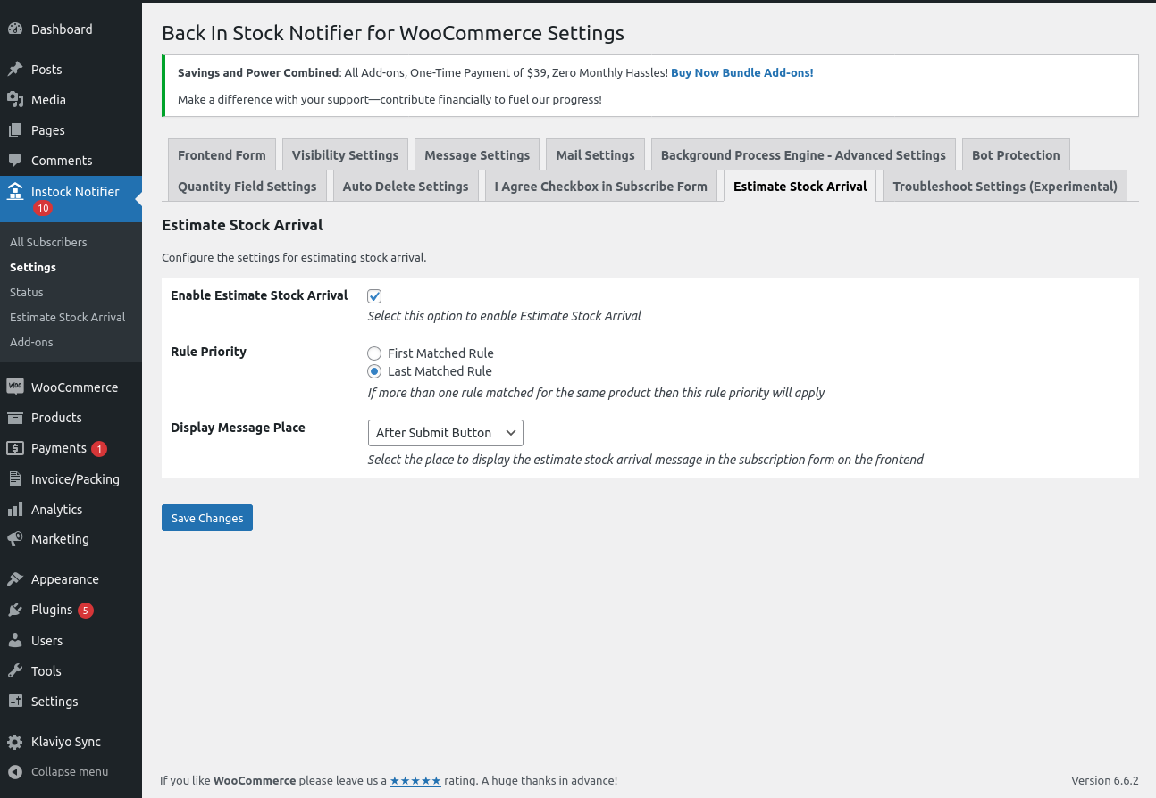 Estimate Stock Arrival Settings