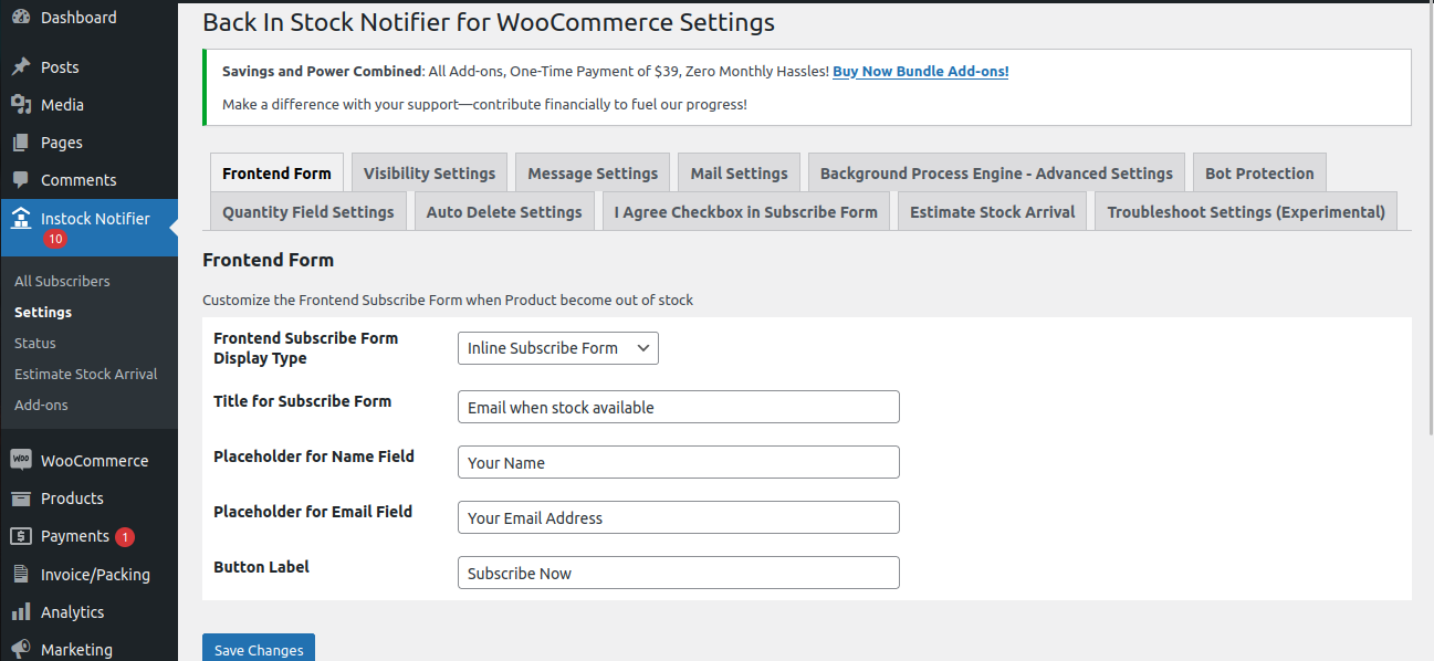 Frontend Form Settings