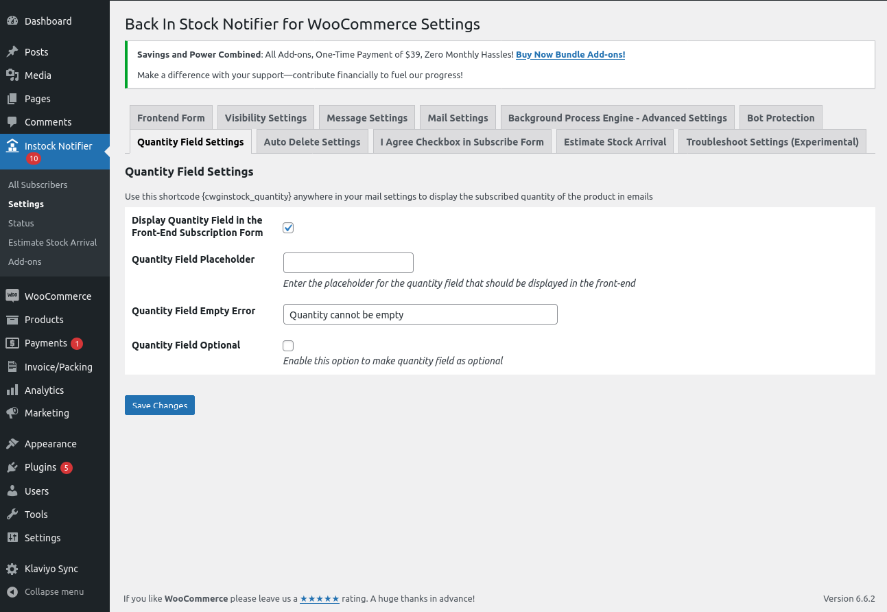 Quantity Field Settings