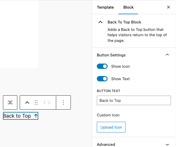 Block settings panel showing customization options for the Back to Top button