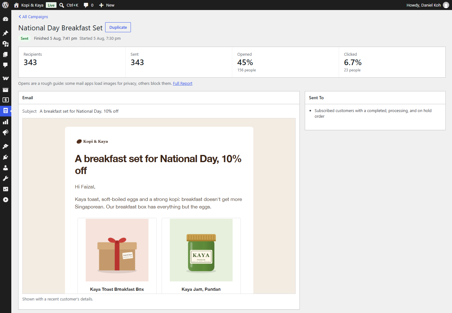 A sent campaign: opens, clicks, orders, and what happened to each person.