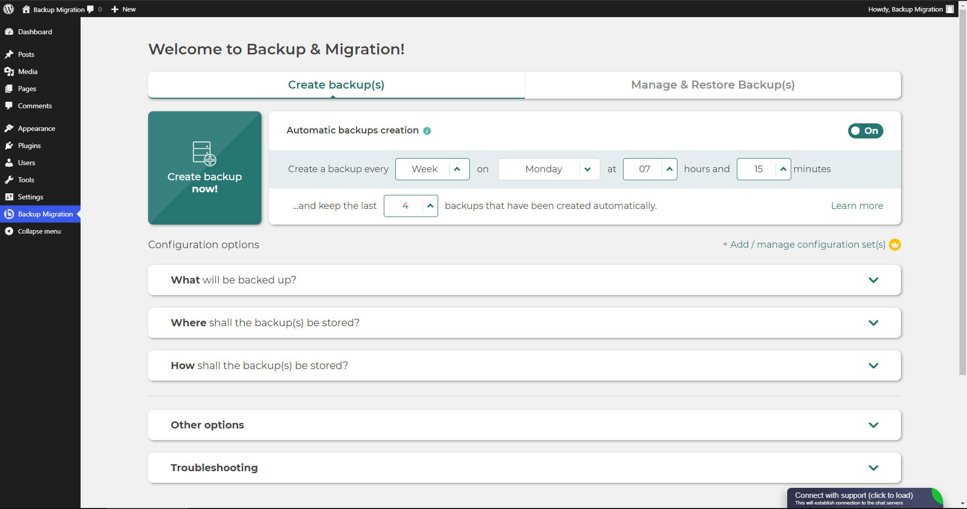 Página do plugin Backup Migration