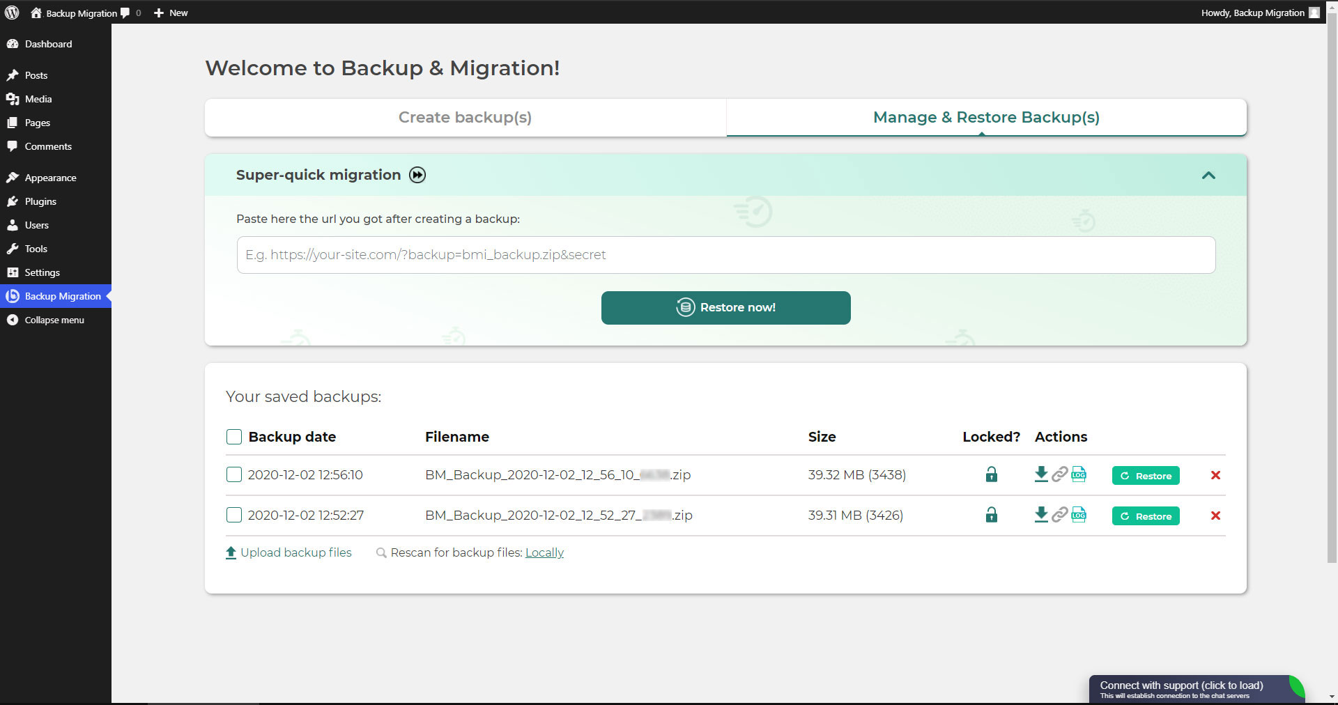 Manage &amp; Restore backups