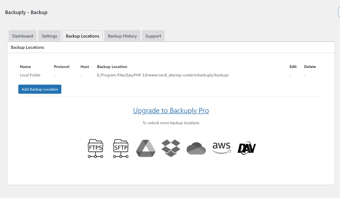 <strong>Backup Locations</strong> add remote locations to backup and restore from.