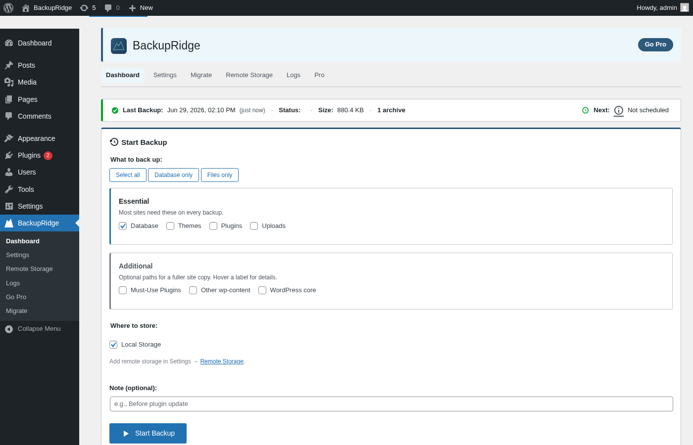 Dashboard — backup status, history, and quick actions.
