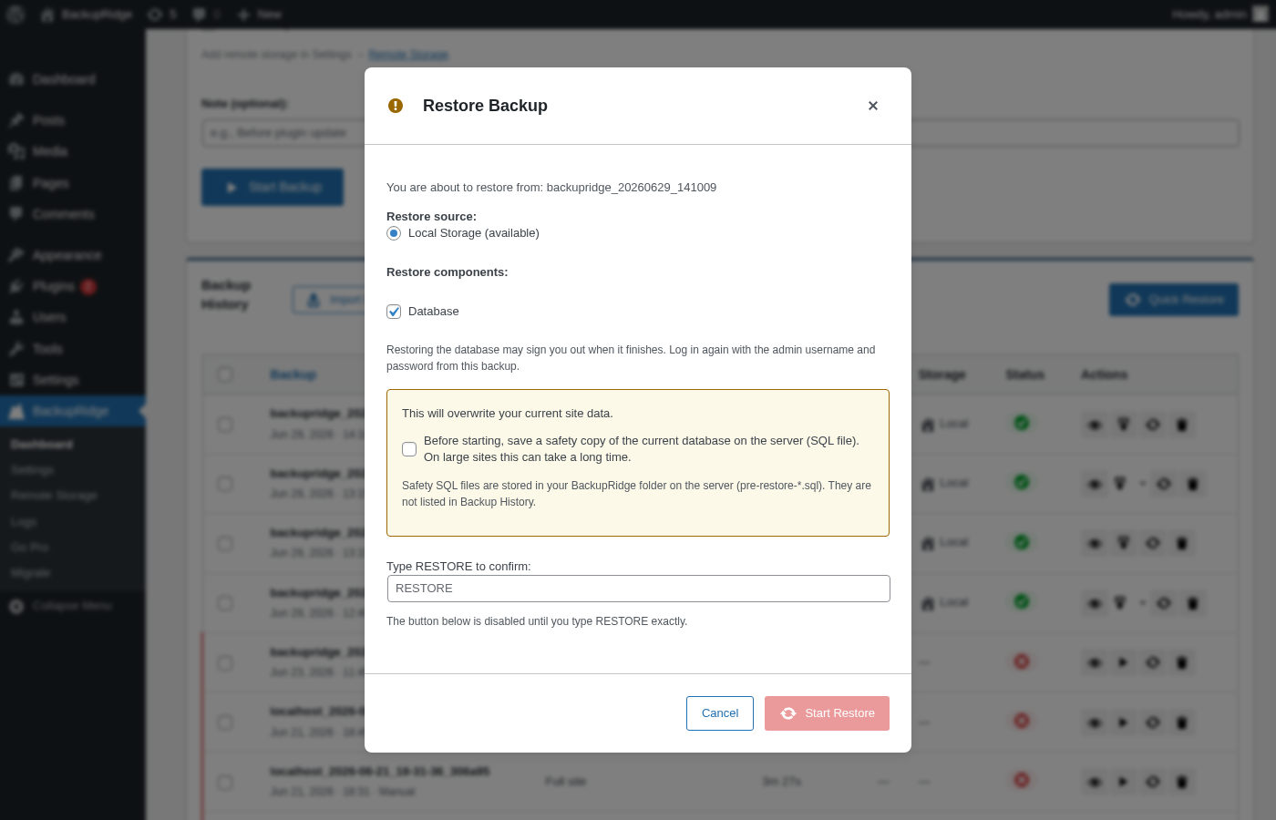 Restore — select components and confirm before restoring.