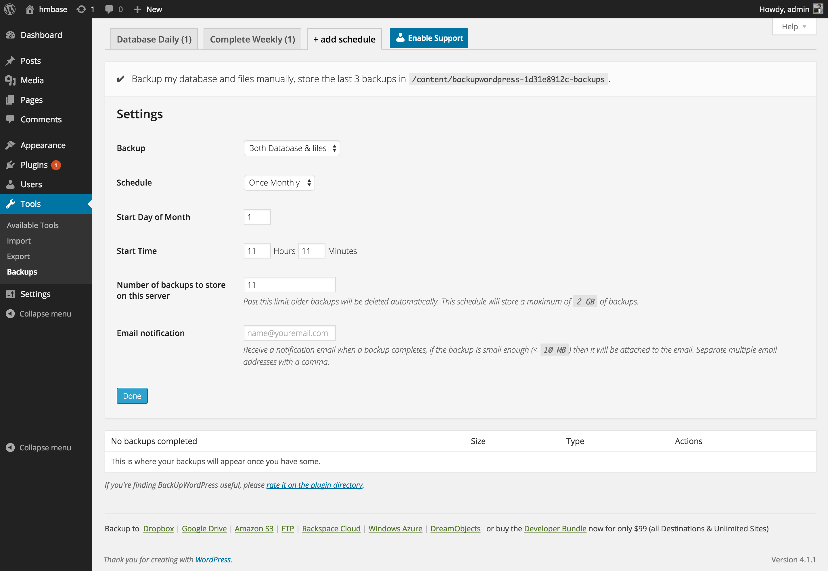 Choose your schedule, backup type, number of backups to keep and whether to receive a notification email.