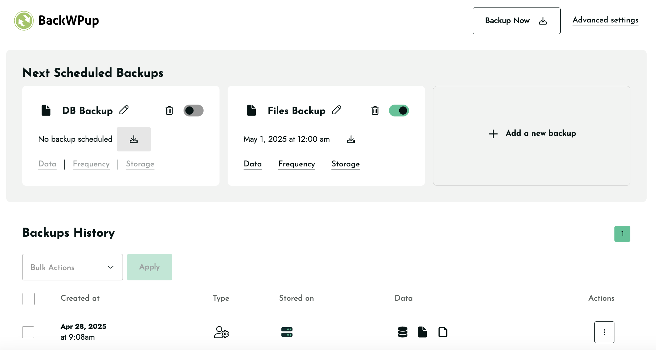 Add new backup, backup history, next scheduled backups all in one place