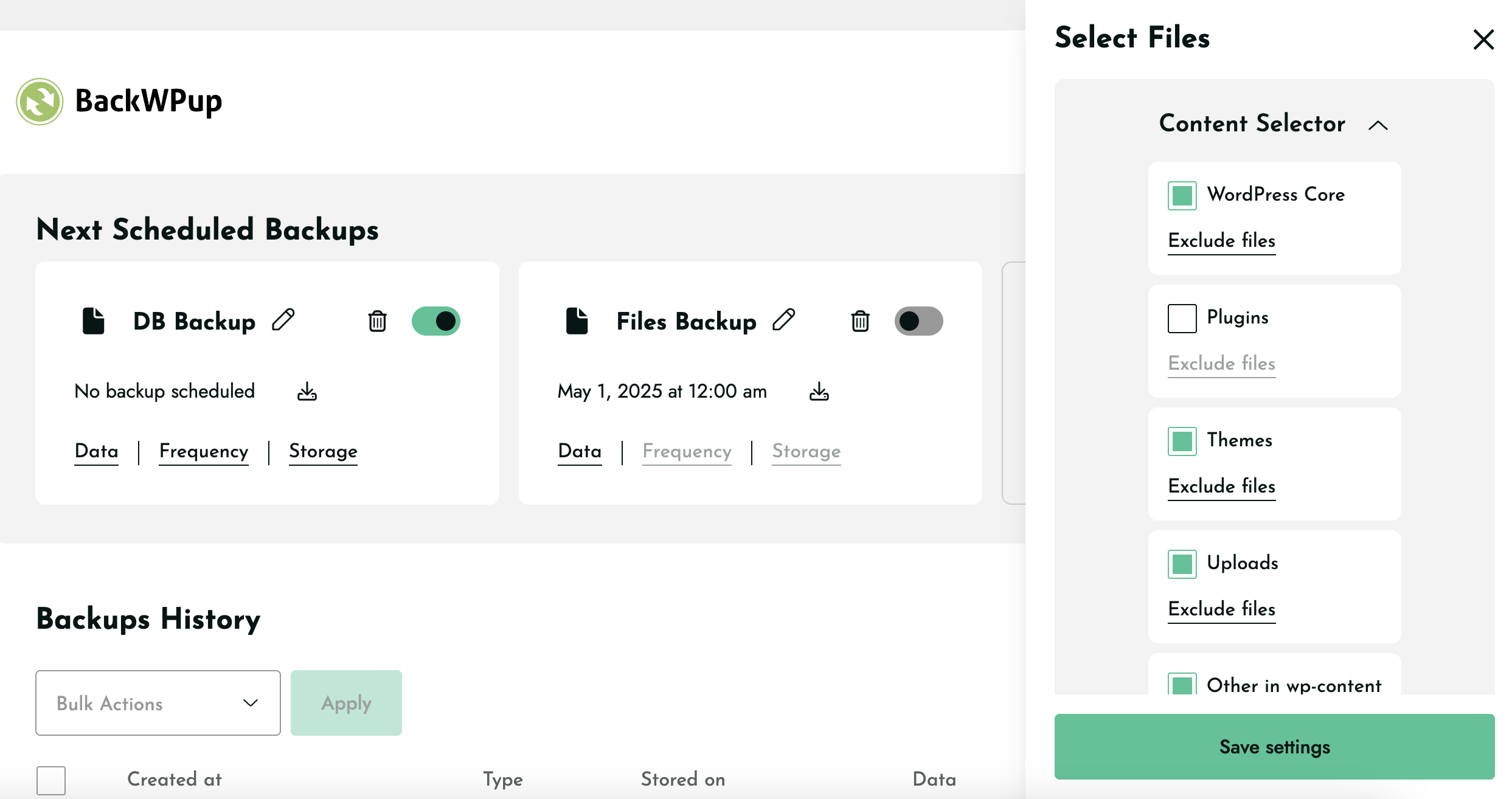 Content selector to exclude or include files for backups