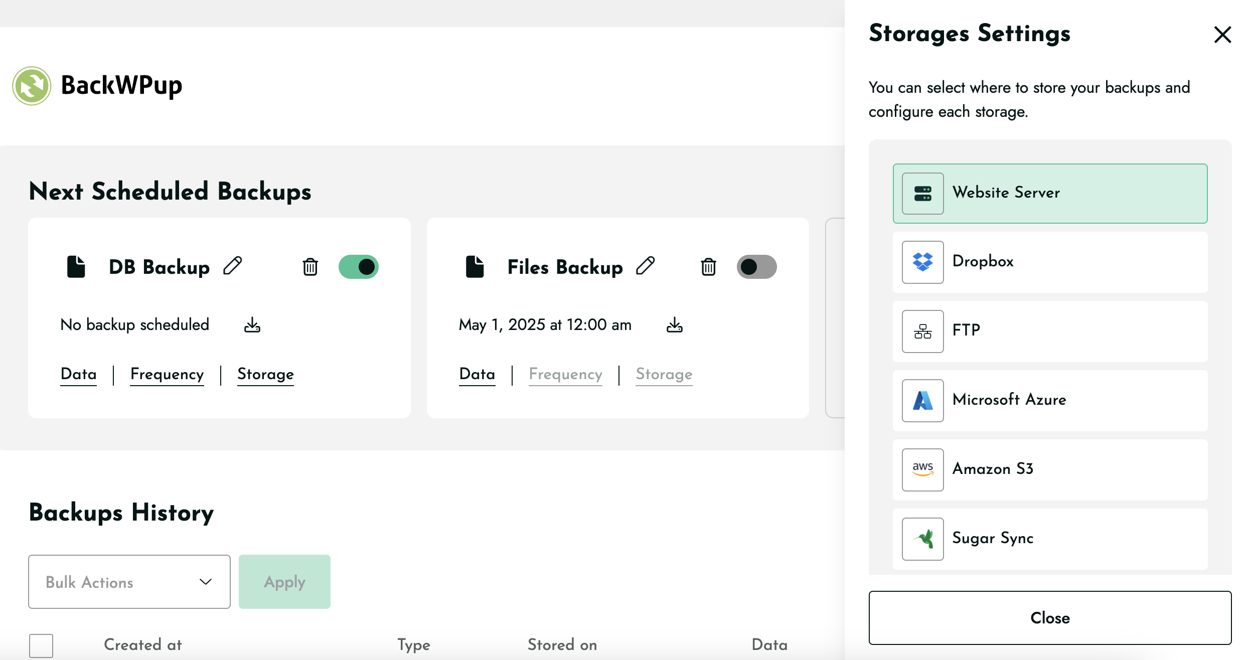 Storage settings to select location to store backups