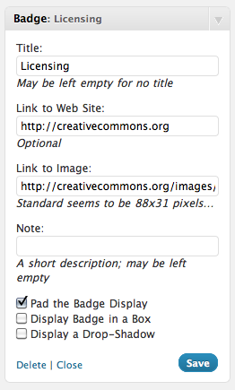 Create a "Licensing" badge that points to the Creative Commons website and uses a CC 88x31 banner