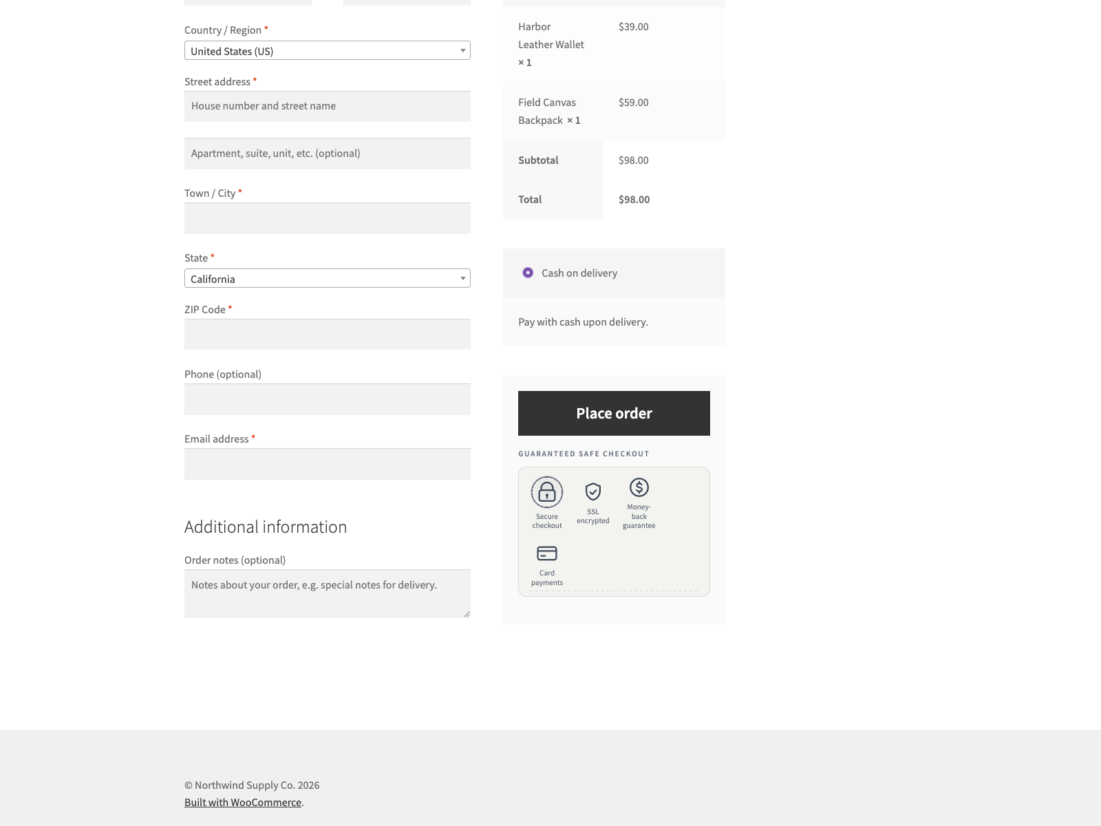 The badge row with captions under the Place order button on checkout.