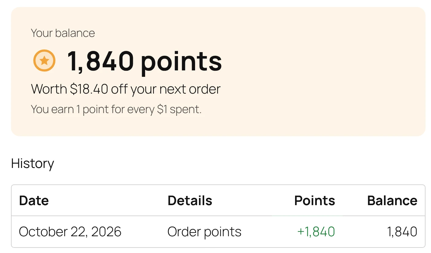 The Points tab in My Account: balance, value and history.