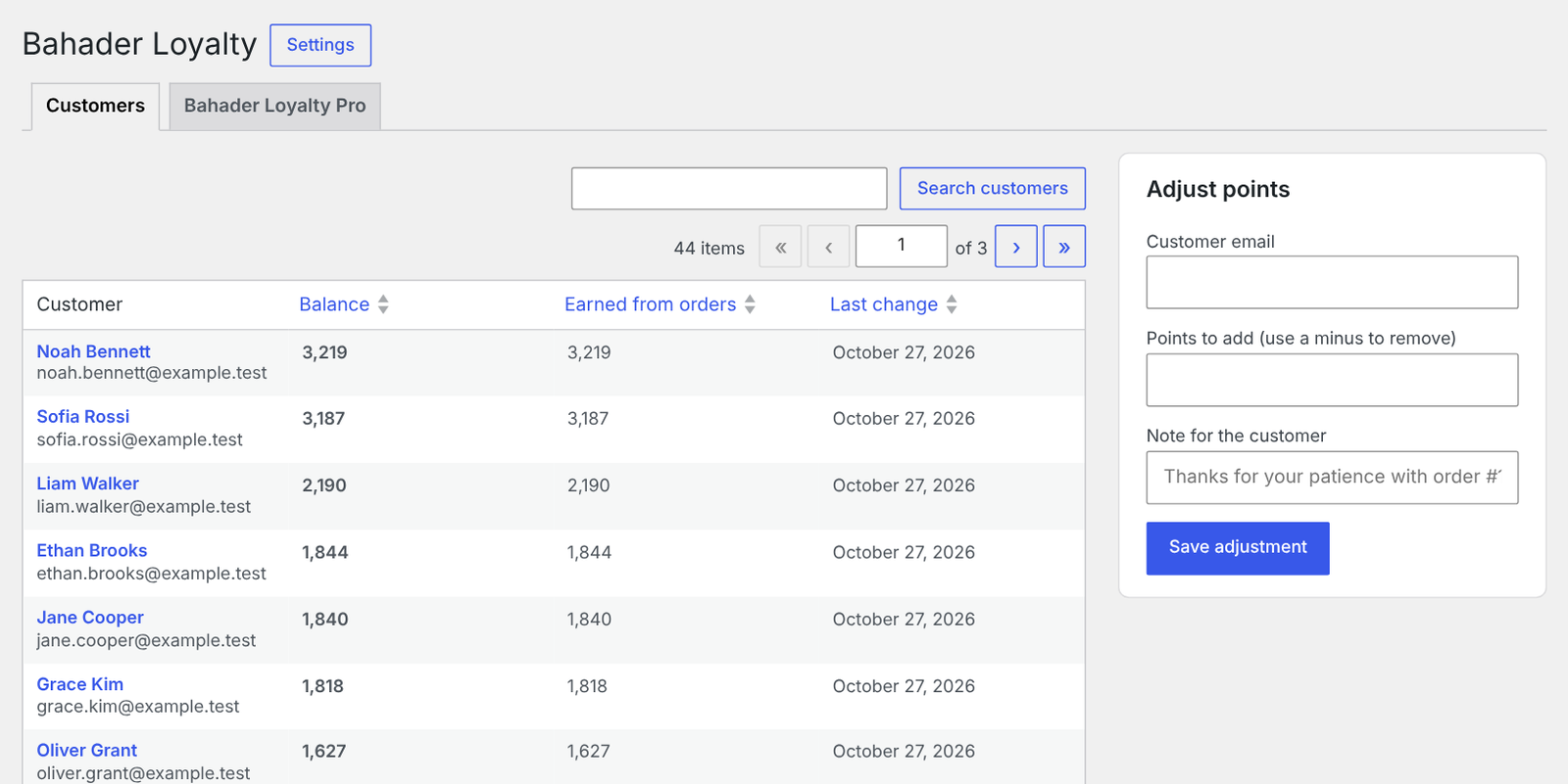 Customers and their balances in the admin.