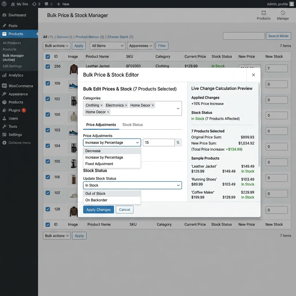 Inline bulk product editor with real-time filters and bulk operations.