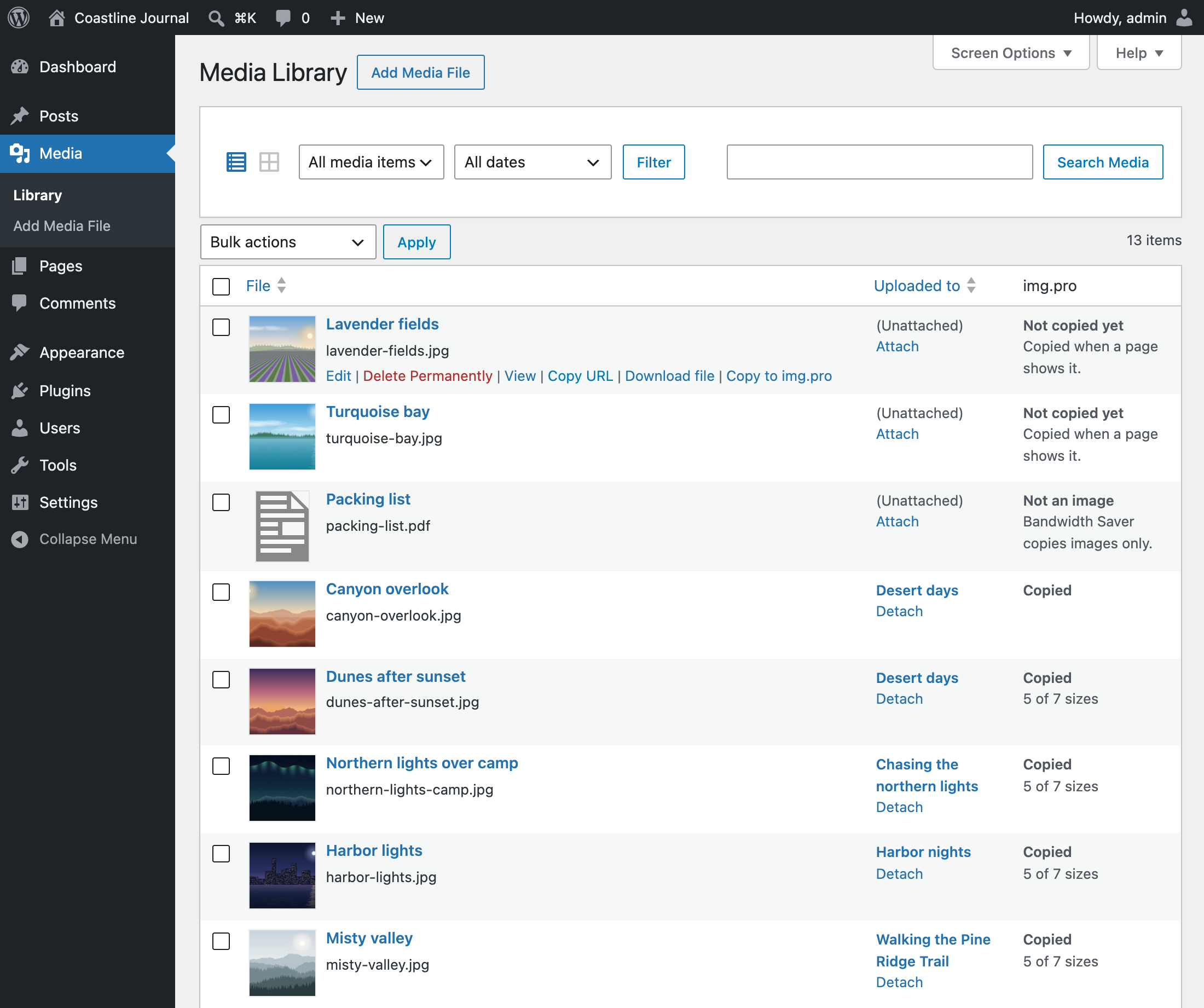 The img.pro column and Copy to img.pro in the Media Library