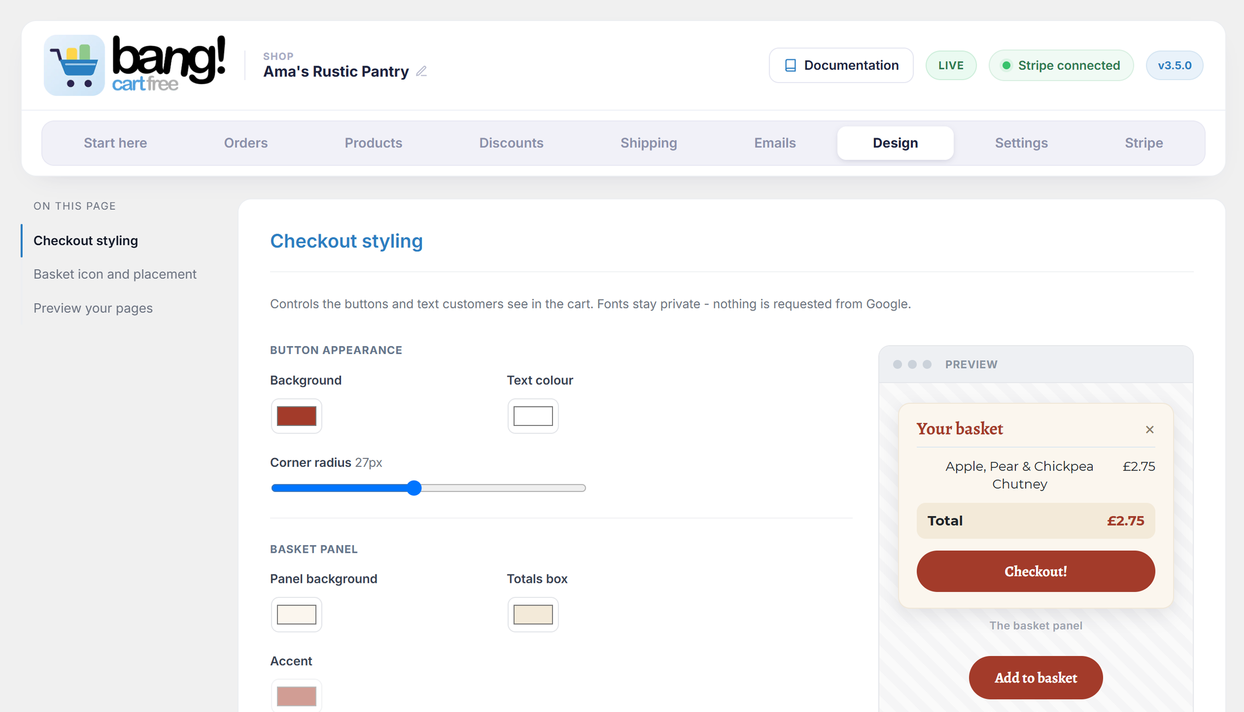Checkout styling: the shopping cart in your own colours, previewed live.
