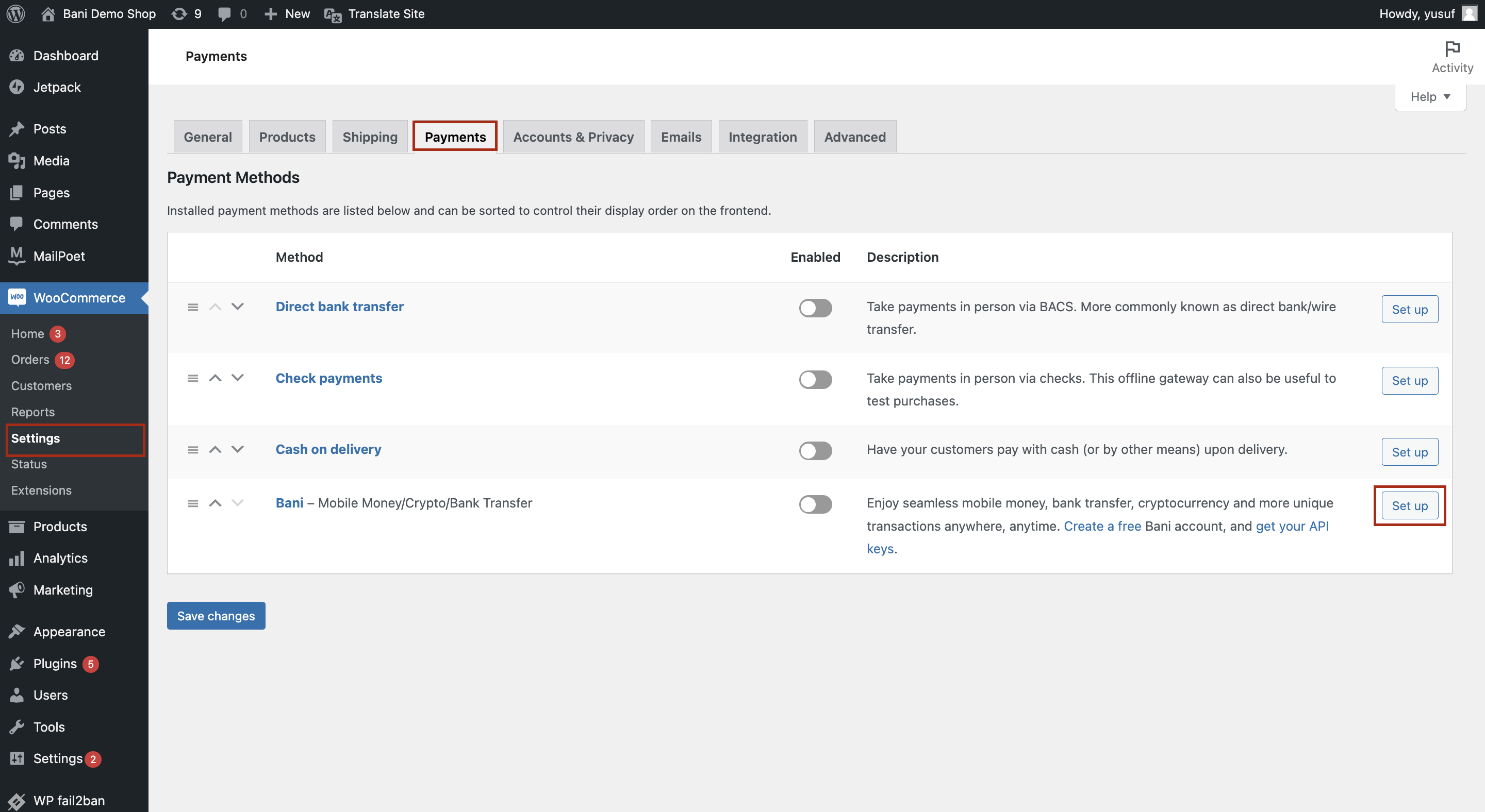 Bani displayed as a payment method on the WooCommerce payment methods page.