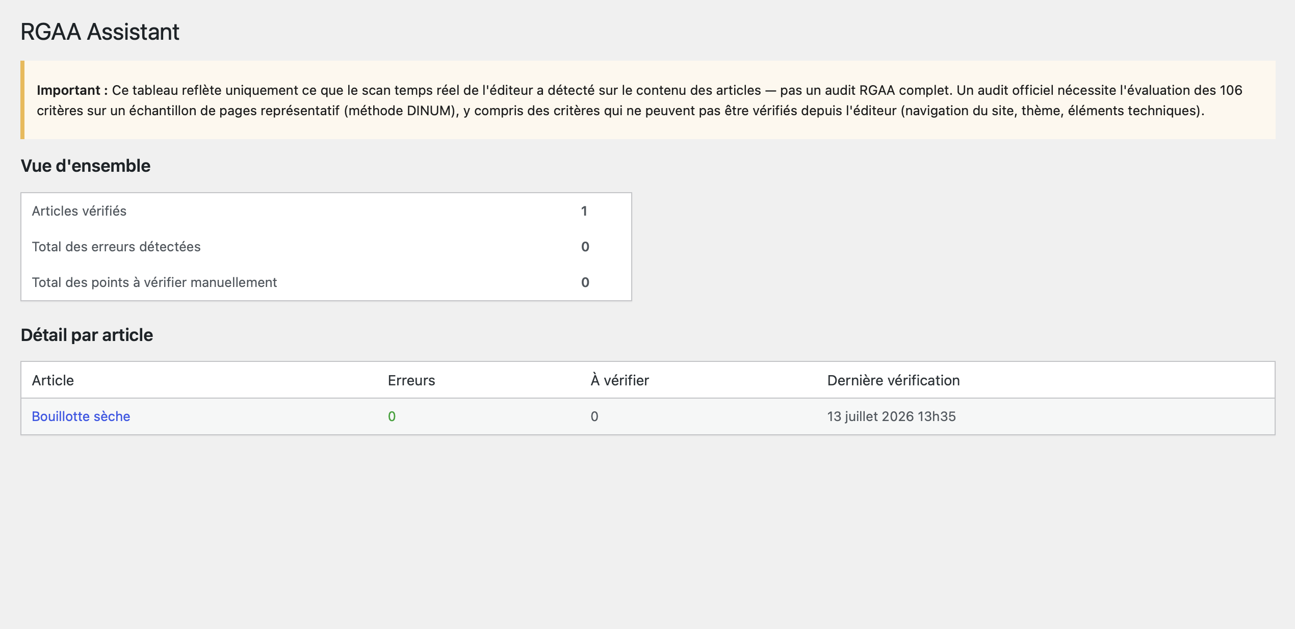 Baptd Accessibility Checks for RGAA panel in the editor, showing detected issues by theme
