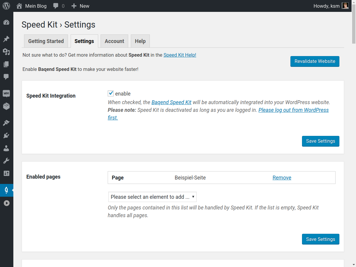 The Speed Kit settings tab. Here you can set a white- and blacklist to configure which pages should be handled by Speed Kit.