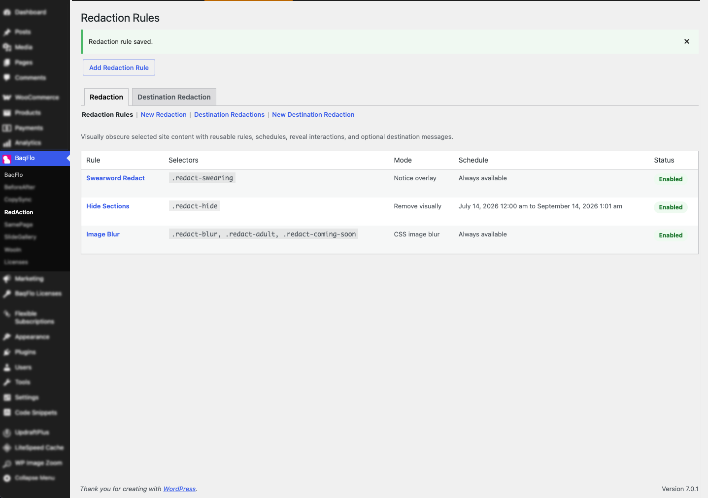Redaction Rules workspace with reusable rules and quick management tools.
