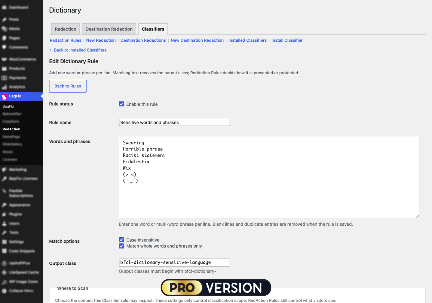 PRO: Dictionary Content Classifier automatically identifies words and phrases for reusable Redaction Rules.