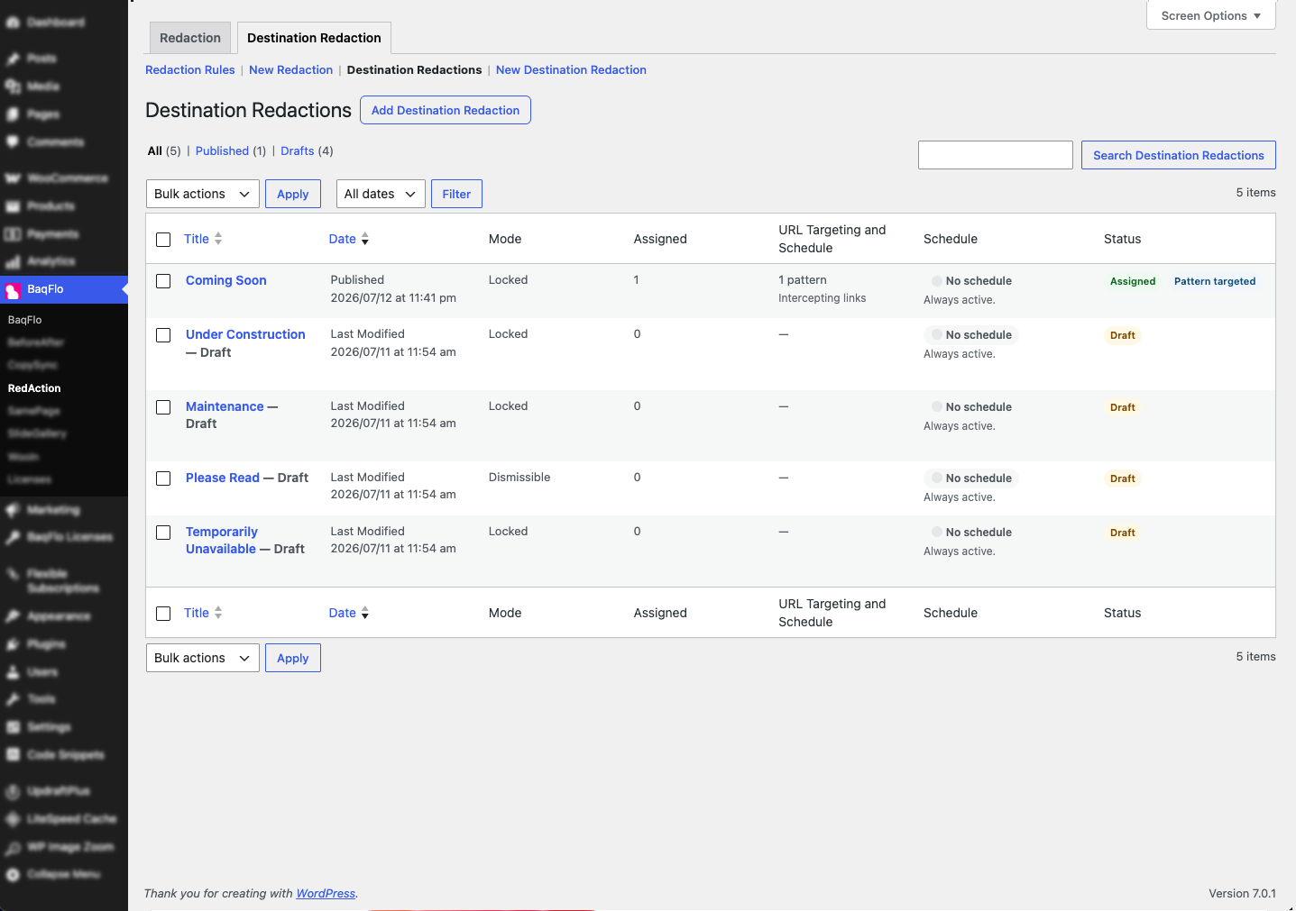 Destination Redactions list with schedule, interception and analytics summaries.
