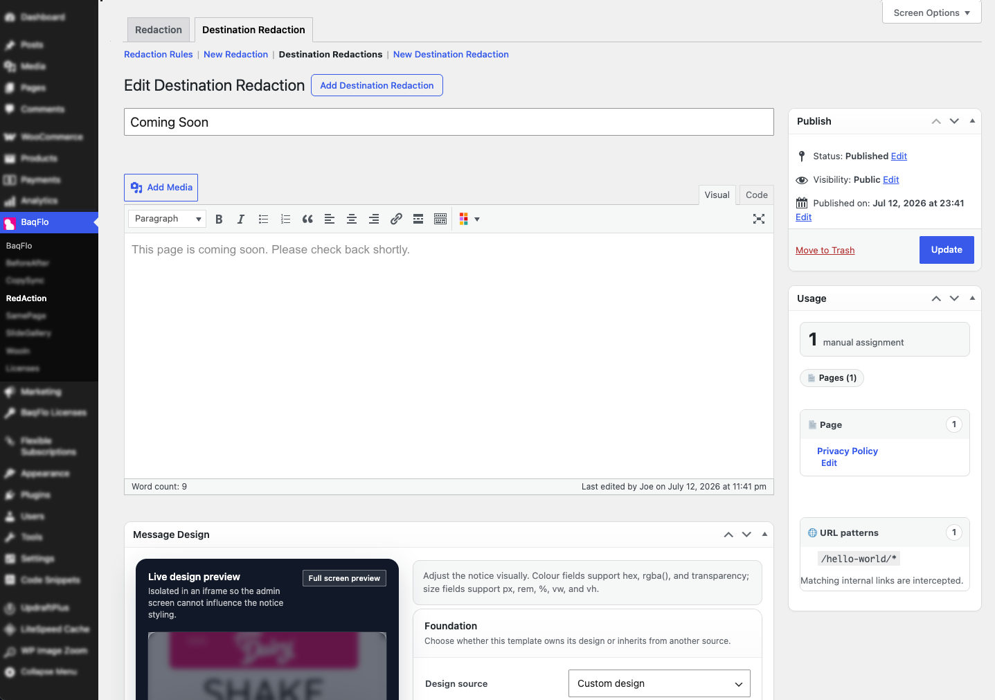 Create reusable Destination Redaction notices.
