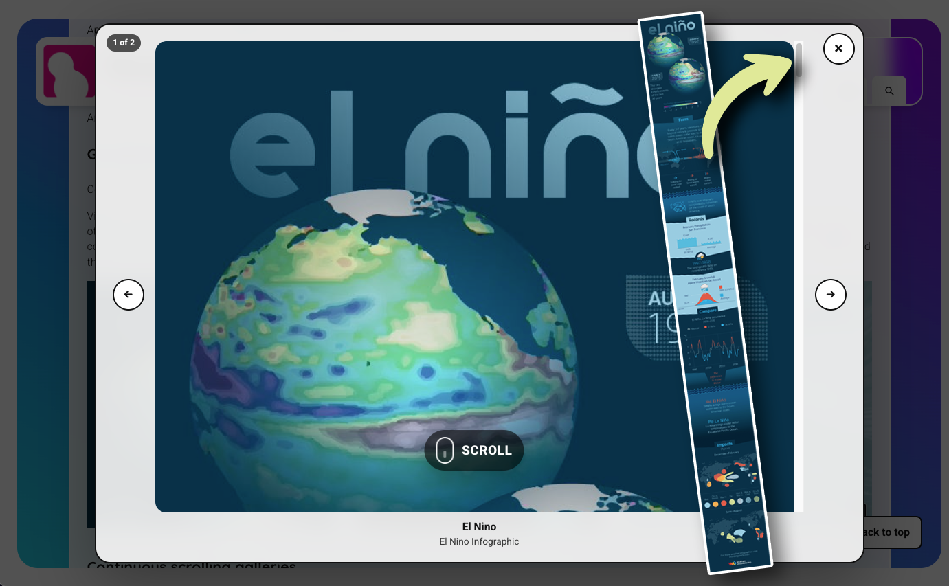 Popups fit the largest version from the WP Media library. Extra long images will show an animated scrolling icon advising visitors they can scroll the image.