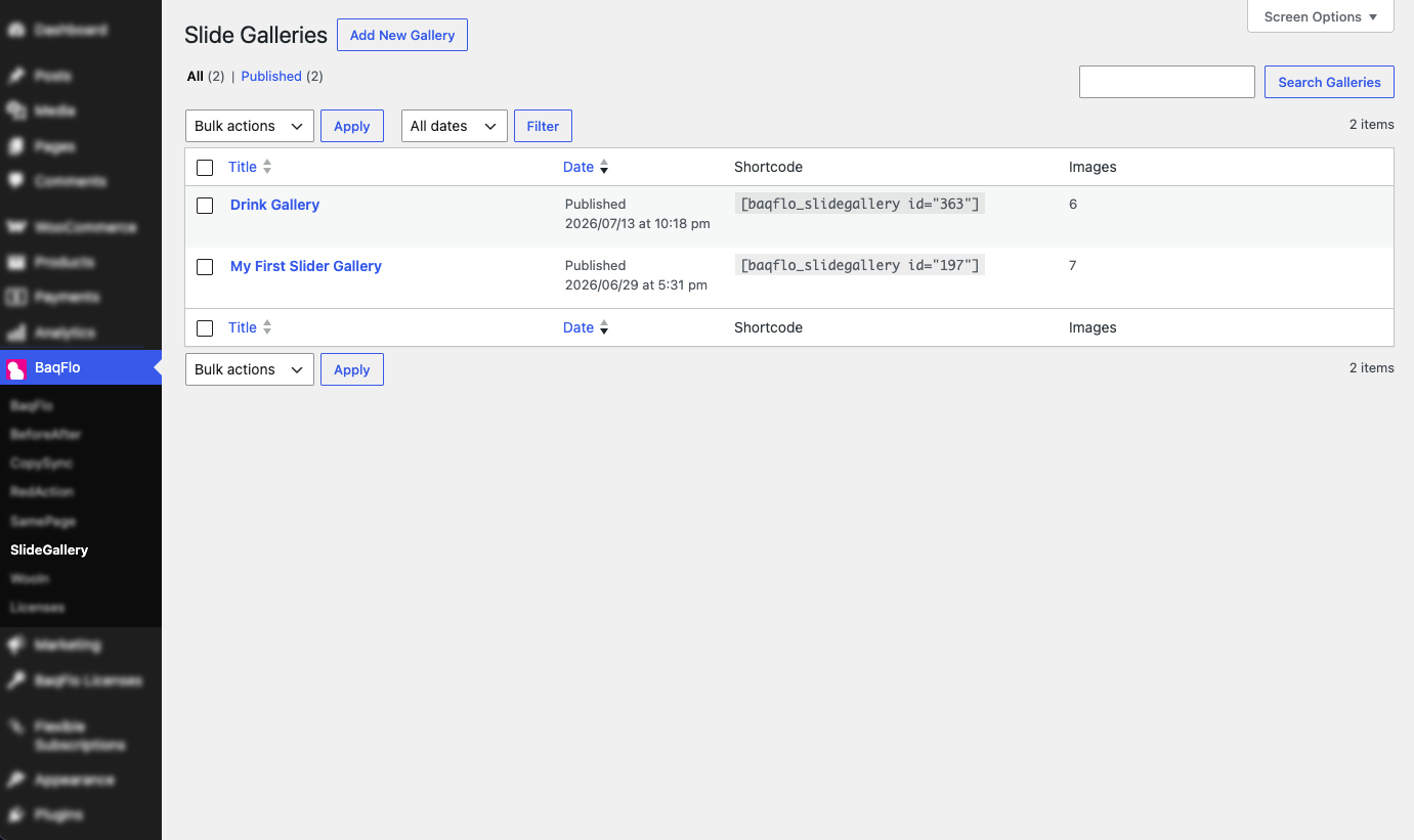 Admin: List of SlideGalleries including quick copy shortcodes.